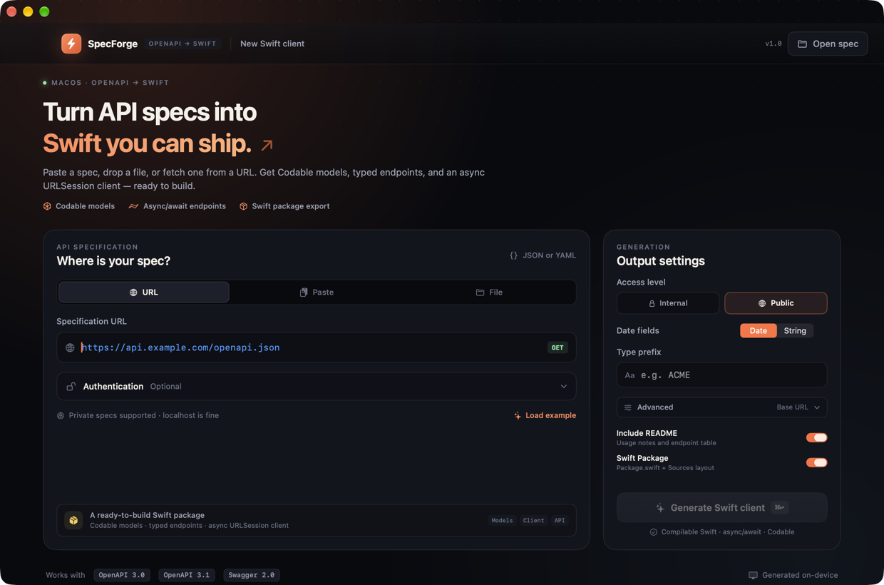 SpecForge input screen for URL, paste, and file sources